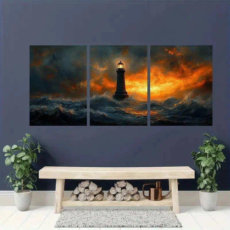 3pcs Lighthouse by the Sea  Coastal Contemporary Metal Print Ready to Hang Art - Bella Home Decor