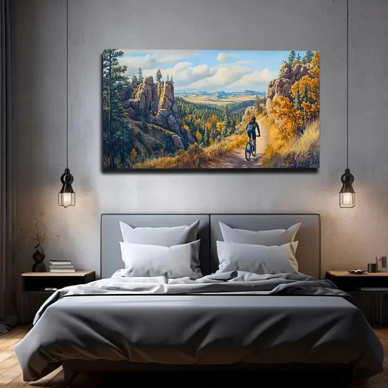Autumn Cycling Mountain Trail Wall Art Canvas Office Home Room Framed 120x60cm