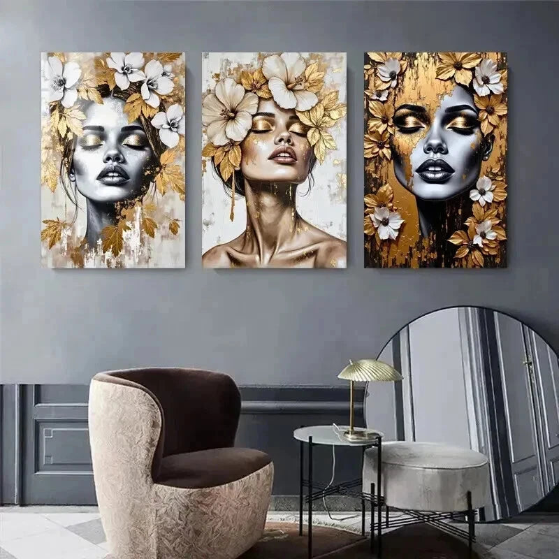 3pcs Golden And White Accent Women Décor Perfect Wall Art Set Canvas Framed 50x70cm - High Quality Print 100% Australian Made Wall Canvas Ready to Hang - Bella Home Decor
