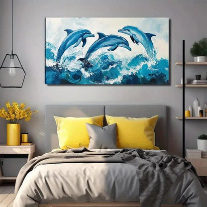 Three Jumping Dolphins Suitable Wall Art Canvas Office Home Room Framed 120x60cm