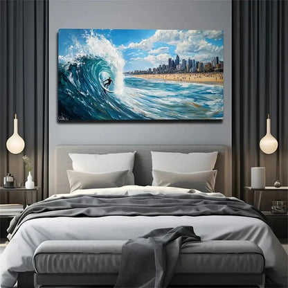 Vibrant Surfing Wave & Beach Wall Art Canvas Office Home Room Framed 120x60cm