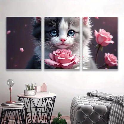 3pcs Black And White Cat With Rose   Wall Art Set Canvas Framed 60x90cm - High Quality Print 100% Australian Made Wall Canvas Ready to Hang - Bella Home Decor