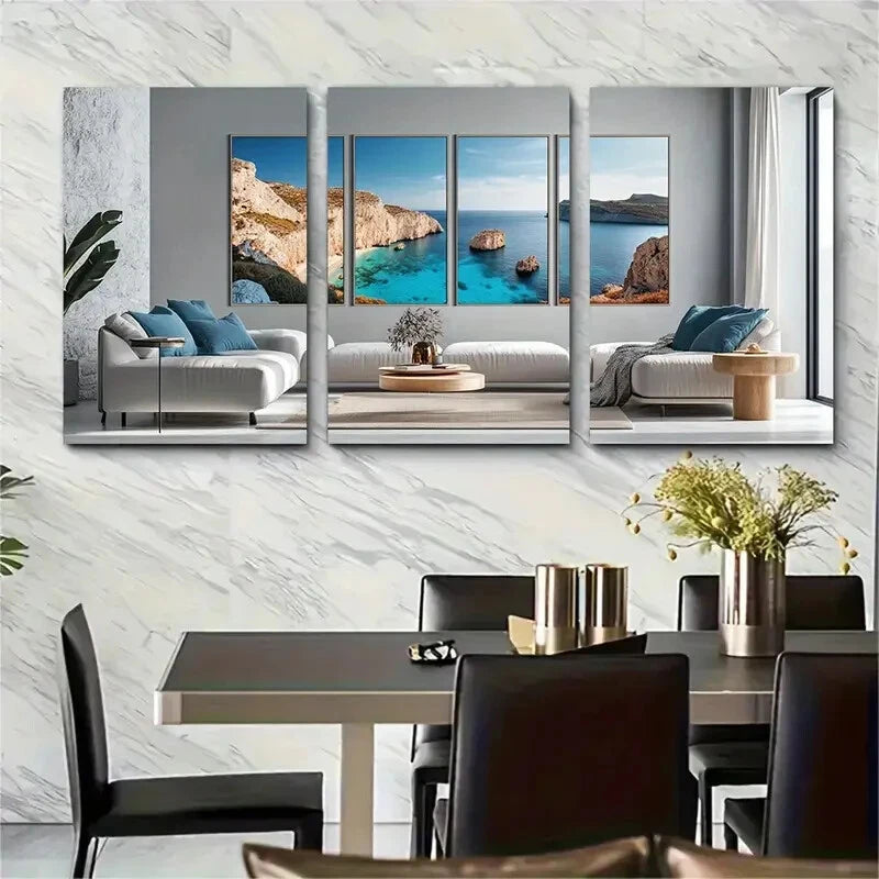 3pcs Scenic Greek Island Scenery with Blue Metal Print Ready to Hang Art
