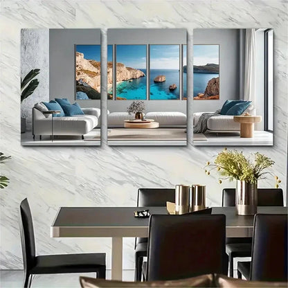 3pcs Scenic Greek Island Scenery with Blue Metal Print Ready to Hang Art