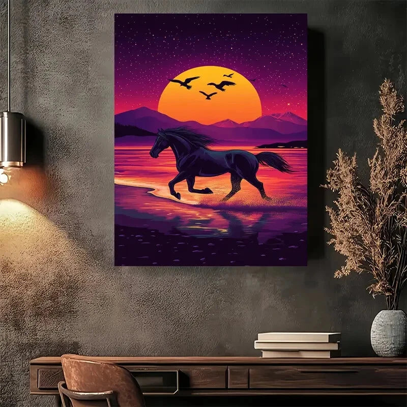 Beautiful Magical Sunset Horse Mountain Painting 40x60cm Metal Print Ready to Hang - Bella Home Decor