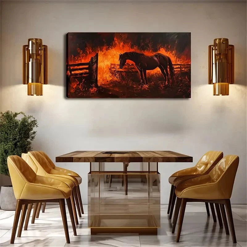 Dramatic Horse & Flames Design Wall Art Canvas Office Home Room Framed 120x60cm