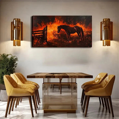 Dramatic Horse & Flames Design Wall Art Canvas Office Home Room Framed 120x60cm