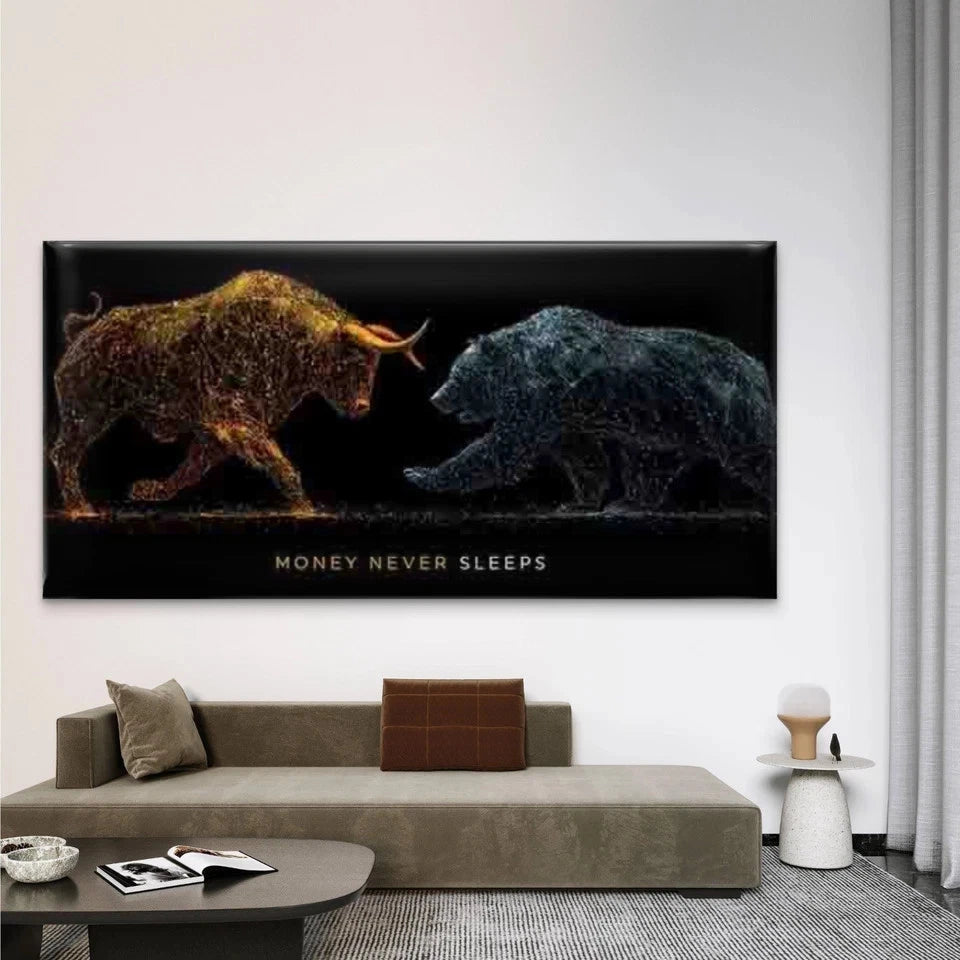 Bull vs Bear Stock Market Wall Art Canvas Office Home Room Framed 120x60cm