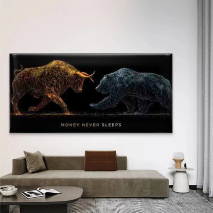 Bull vs Bear Stock Market Wall Art Canvas Office Home Room Framed 120x60cm