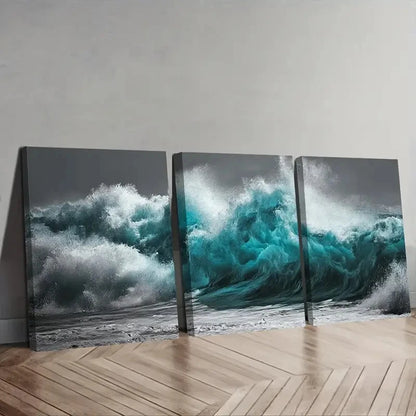 3pcs Massive Wave Crashing on The Shore Wall Art Set Canvas Framed 60x90cm - High Quality Print 100% Australian Made Wall Canvas Ready to Hang