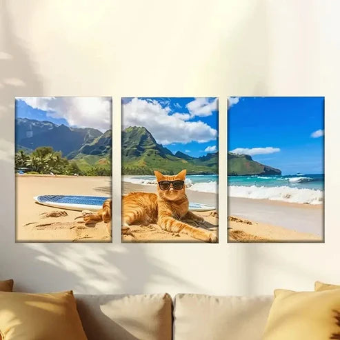 3pcs cat laying on the beach Wall Art Set Canvas Unframed - High Quality Print 100% Australian Made Wall Canvas - Bella Home Decor