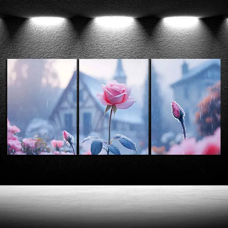 3pcs Rose In The Rain Nature Scenery Metal Print Ready to Hang Art