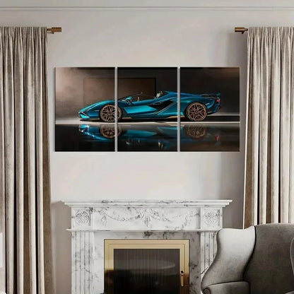 3pcs Blue Color Super Car Modern Vehicle Wall Art Set Canvas Framed 50x70cm - High Quality Print 100% Australian Made Wall Canvas Ready to Hang - Bella Home Decor
