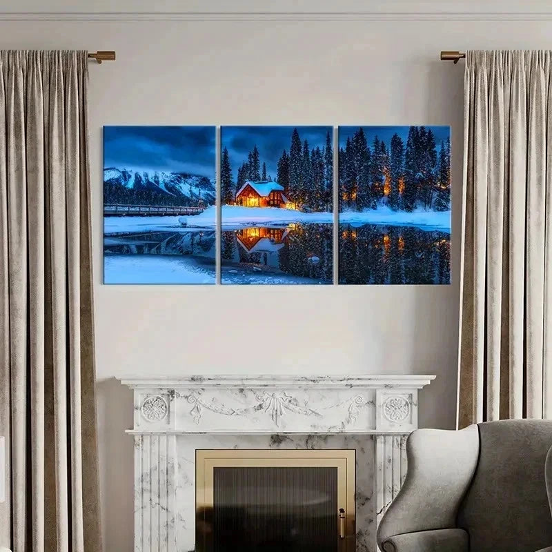 3pcs Winter Decoration Lake House Snow Scenery Wall Art Set Canvas Framed 40x60cm - High Quality Print 100% Australian Made Wall Canvas Ready to Hang - Bella Home Decor