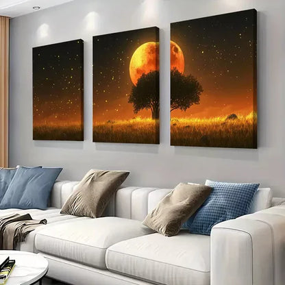 3 PCS Enchanted Moonlit Meadow Wrapped Wall Art Set Canvas Unframed - High Quality Print 100% Australian Made Wall Canvas - Bella Home Decor