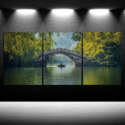 3pcs The Boatman Under The Arch Bridge Metal Print Ready to Hang Art - Bella Home Decor