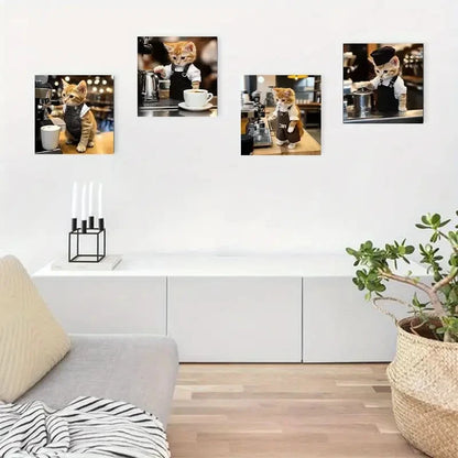 4pcs Charming Cat Barista Coffee Wall Art Canvas Framed