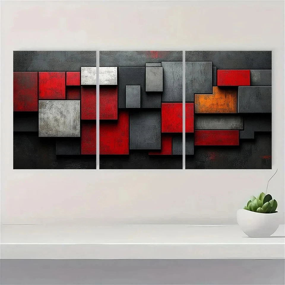 3pcs Abstract Blocks Red Black Gray & White Metal Print Ready to Hang Art - Bella Home Decor