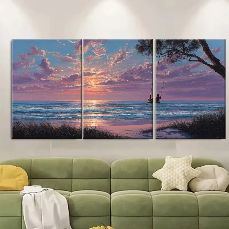 3pcs Sunset Beach Swing Metal Print Ready to Hang Art