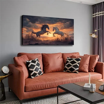 Two Horses Leaping At Sunset Wall Art canvas office home room framed 120x60cm - Bella Home Decor