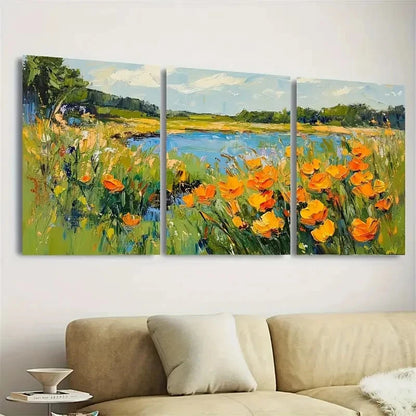3pcs Orange Meadow & Lake Landscape, Impasto Wall Art Set Canvas Framed 50x70cm - High Quality Print 100% Australian Made Wall Canvas Ready to Hang