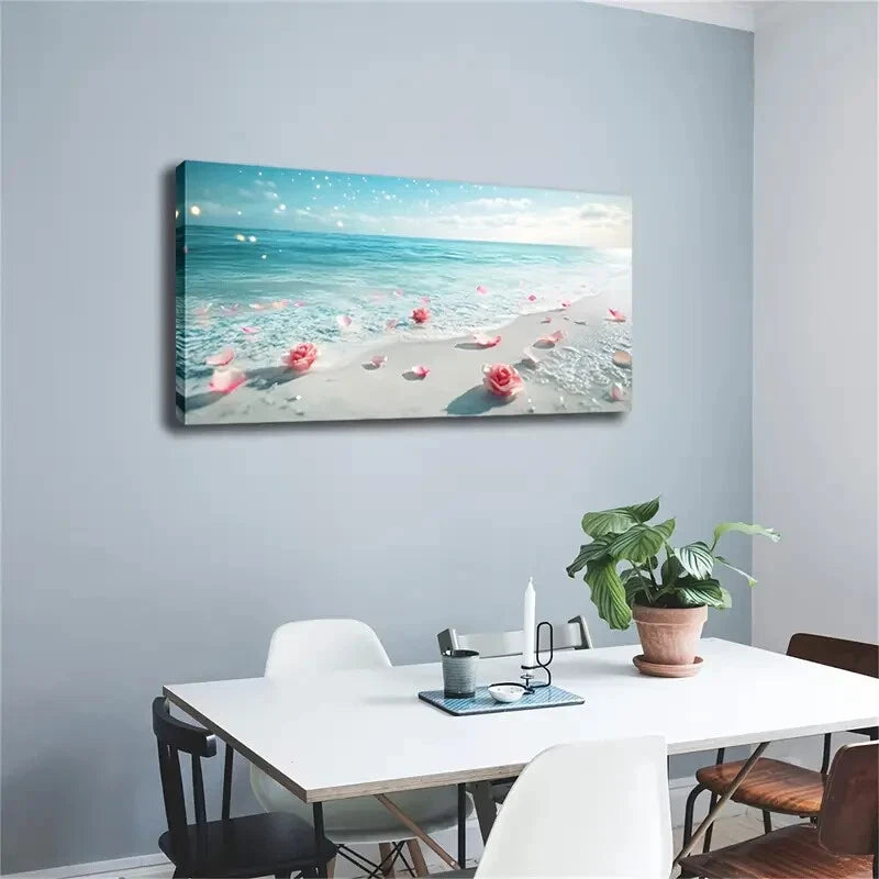 Serene Beach Scene Pink Roses Wall Art Canvas Office Home Room Framed 120x60cm