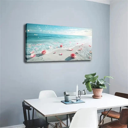 Serene Beach Scene Pink Roses Wall Art Canvas Office Home Room Framed 120x60cm