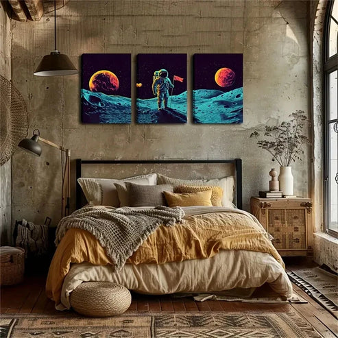 3pcs Astronaut Landing on Moon Triptych  Wall Art Set Canvas Unframed - High Quality Print 100% Australian Made Wall Canvas - Bella Home Decor