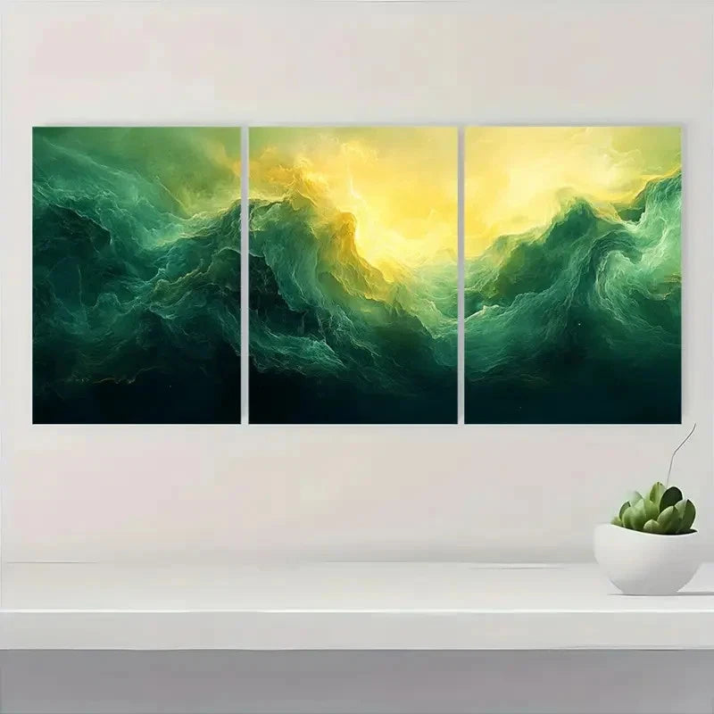 3pcs Vibrant Green & Yellow Swirl Design A   Wall Art Set Canvas Framed 50x70cm - High Quality Print 100% Australian Made Wall Canvas Ready to Hang - Bella Home Decor