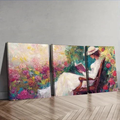 3pcs Elegant Woman Reading Beauty Nature Perfect Wall Art Set Canvas Unframed - High Quality Print 100% Australian Made Wall Canvas