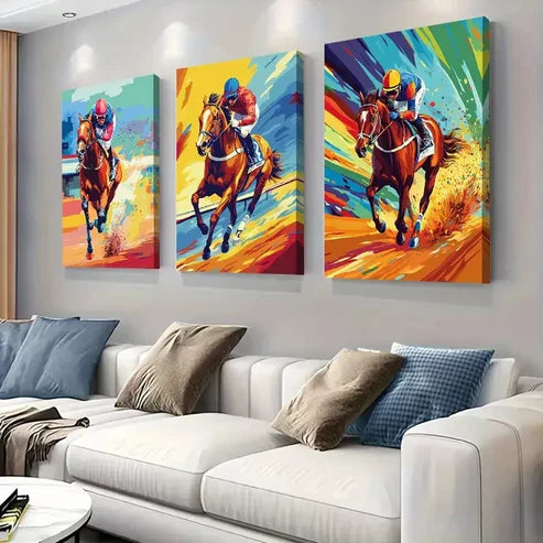 3 PCS Colorful Pop Art Style Horse Racing Wall Art Set Canvas Unframed - High Quality Print 100% Australian Made Wall Canvas - Bella Home Decor