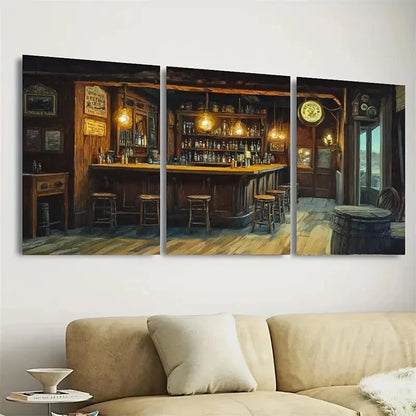 3pcs Old Timey Western Bar Vintage Bar Wall Art Set Canvas Framed 40x60cm - High Quality Print 100% Australian Made Wall Canvas Ready to Hang - Bella Home Decor