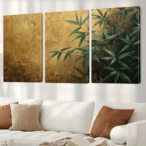 3pcs Green Leaves on Golden Background Art Set Canvas Unframed - High Quality Print 100% Australian Made Wall Canvas