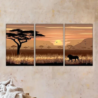 3pcs sunset with lion in the forest Wall Art Set Canvas Unframed - High Quality Print 100% Australian Made Wall Canvas