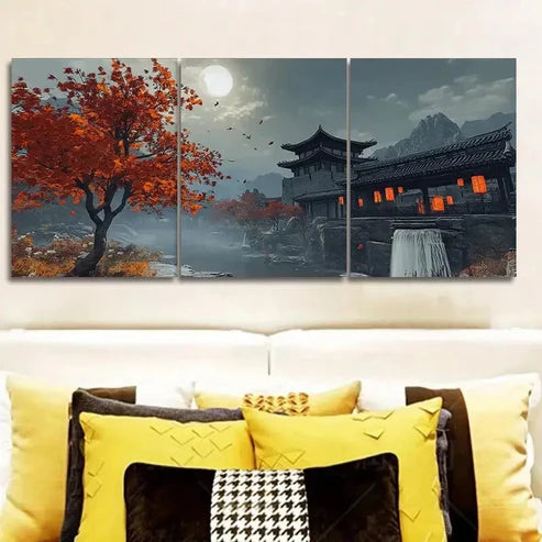 3pcs Chinese Style Architecture Nature Perfect Wall Art Set Canvas Unframed - High Quality Print 100% Australian Made Wall Canvas - Bella Home Decor