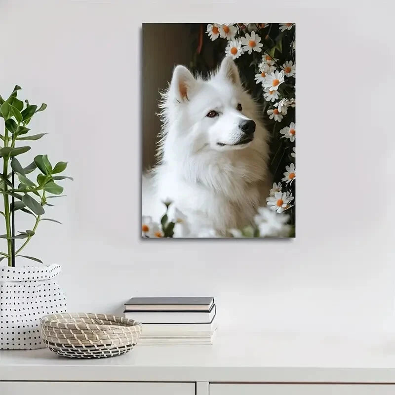 Flowers And Plants Cute Samoyed Dog Painting 40x60cm Metal Print Ready to Hang