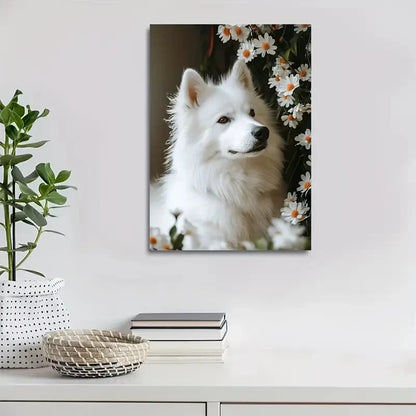 Flowers And Plants Cute Samoyed Dog Painting 40x60cm Metal Print Ready to Hang