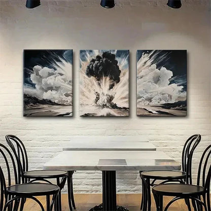 3pcs Dramatic Smoke Blast Black & White Perfect Wall Art Canvas Unframed - High Quality Print 100% Australian Made Wall Canvas - Bella Home Decor