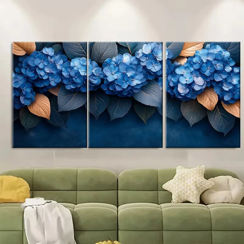 3pcs Dusky Blue Hydrangea Floral Metal Print Ready to Hang Art