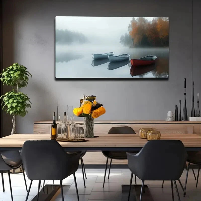Boats and Misty Autumn Foliage Wall Art Canvas Office Home Room Framed 120x60cm - Bella Home Decor