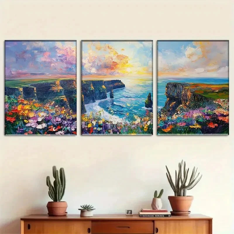3pcs Cliffs by Sea with Colorful Flower Perfect Wall Art Set Canvas Framed 60x90cm - High Quality Print 100% Australian Made Wall Canvas Ready to Hang - Bella Home Decor