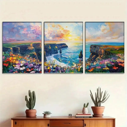 3pcs Cliffs by Sea with Colorful Flower Perfect Wall Art Set Canvas Framed 60x90cm - High Quality Print 100% Australian Made Wall Canvas Ready to Hang - Bella Home Decor