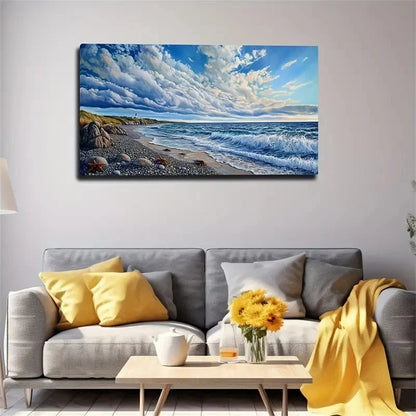 White Clouds Seashore Wall Art Canvas Office Home Room Framed 120x60cm