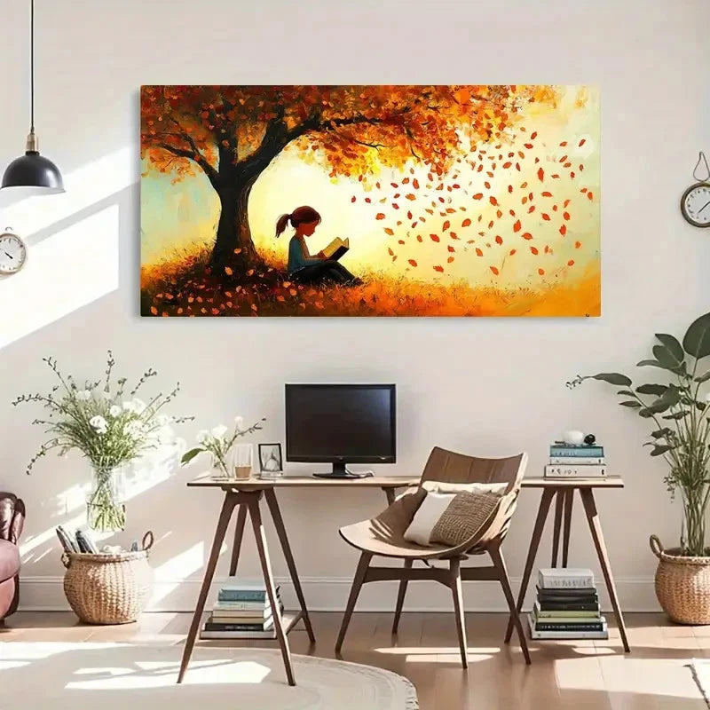 Autumn Leaves Reading Under Wall Art Canvas Office Home Room Framed 120x60cm - Bella Home Decor