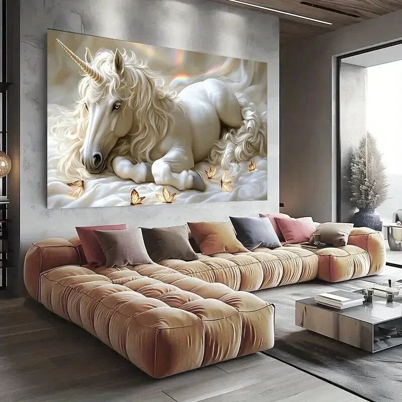 Majestic White Unicorn Golden Wall Art wall canvas office home room framed 120x60cm - Bella Home Decor