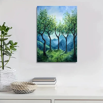 Vibrant Pear Tree Forest Scene Lush Green Painting 40x60cm Metal Print Ready to Hang - Bella Home Decor