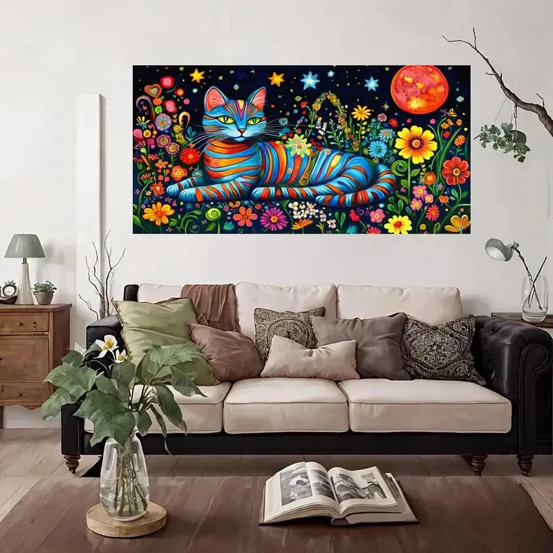 Blue Eyed Cat Floral Wall Art Canvas Office Home Room Framed 120x60cm
