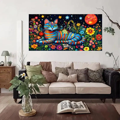 Blue Eyed Cat Floral Wall Art Canvas Office Home Room Framed 120x60cm