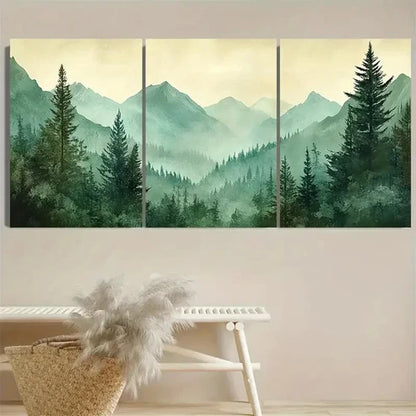 3pcs Green Forest Serenity with Mountain Wall Art Set Canvas Unframed - High Quality Print 100% Australian Made Wall Canvas - Bella Home Decor