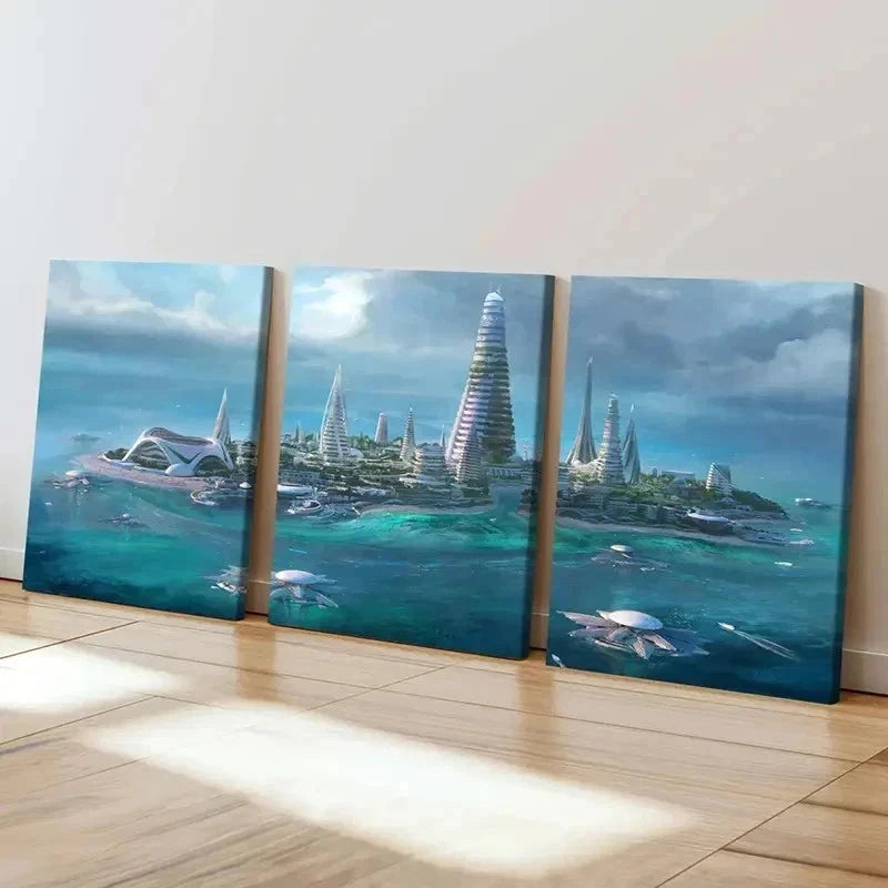 3pcs Futuristic Sci-Fi Island Scene Wall Art Set Canvas Framed 60x90cm - High Quality Print 100% Australian Made Wall Canvas Ready to Hang - Bella Home Decor